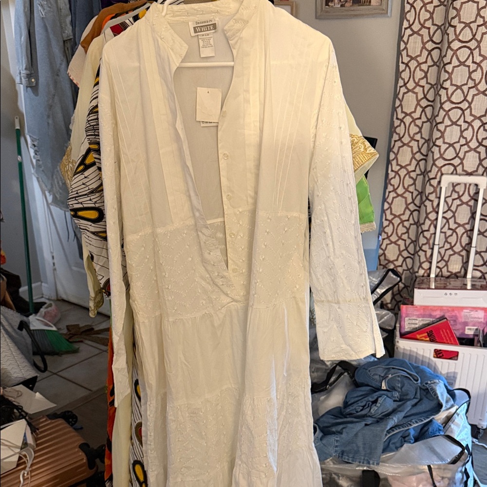 White Embroidered Maxi Dress - Lightweight V-Neck